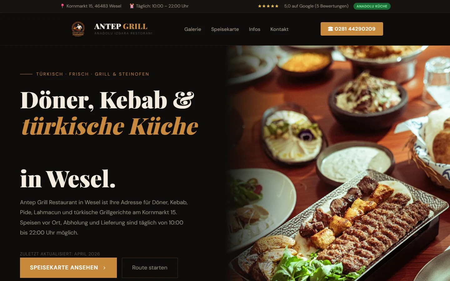 Website des Antep Grill Wesel mit Restaurantangebot und großem Speisenmotiv