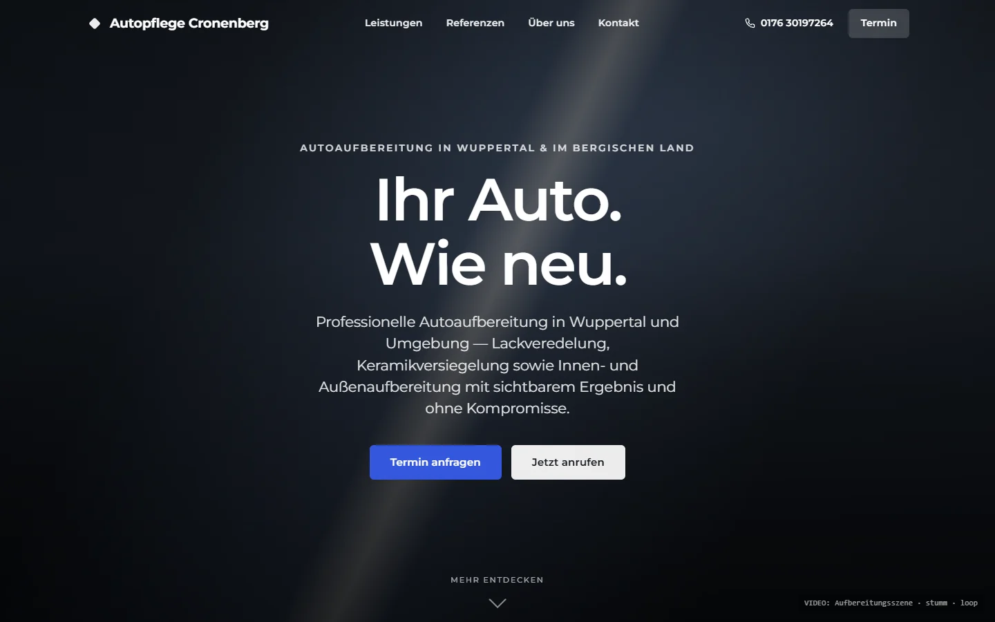 Website der Autopflege Cronenberg mit großflächigem Hero und Terminanfrage