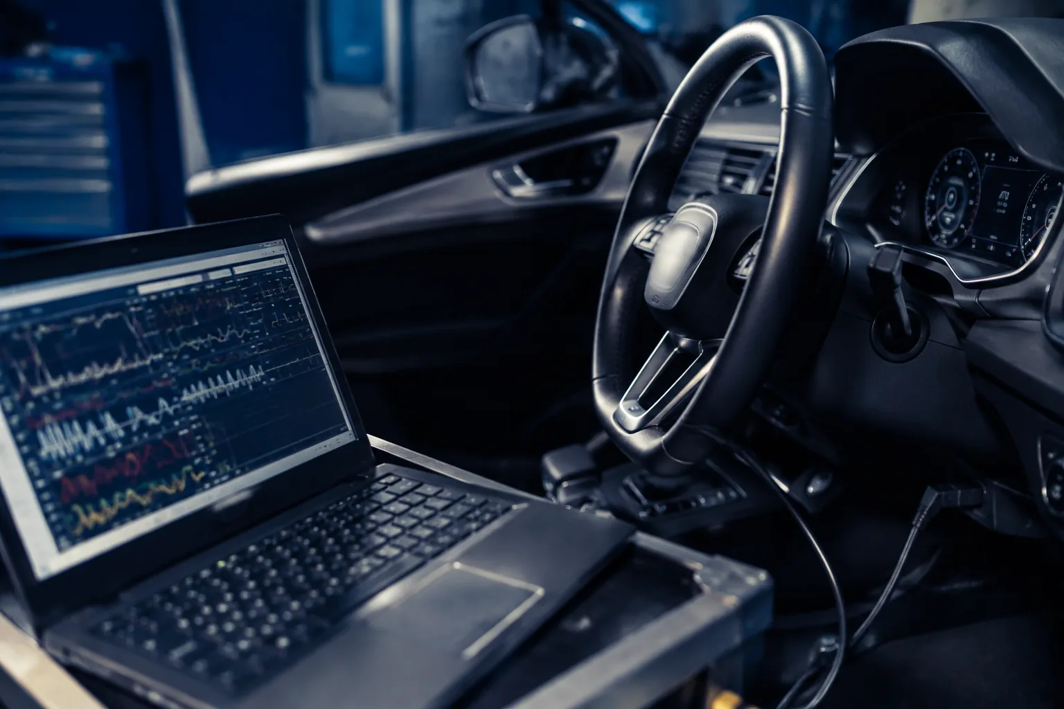 Illustratives Branchenmotiv: Fahrzeugdiagnose mit Laptop