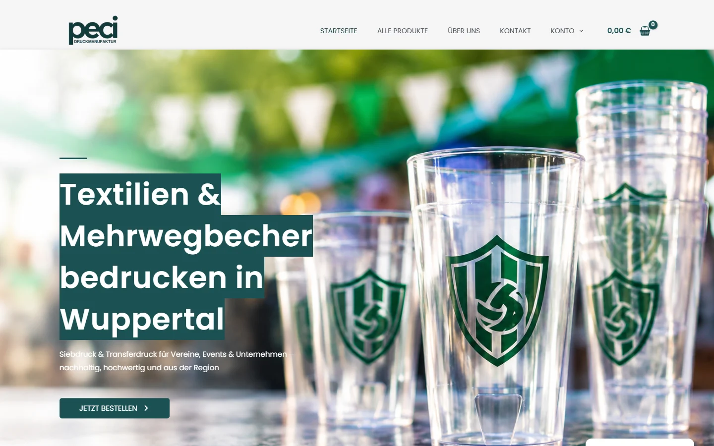 Onlineshop der PECI Druckmanufaktur für bedruckte Textilien und Mehrwegbecher
